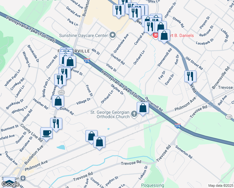 map of restaurants, bars, coffee shops, grocery stores, and more near 309 Skyline Drive in Feasterville-Trevose