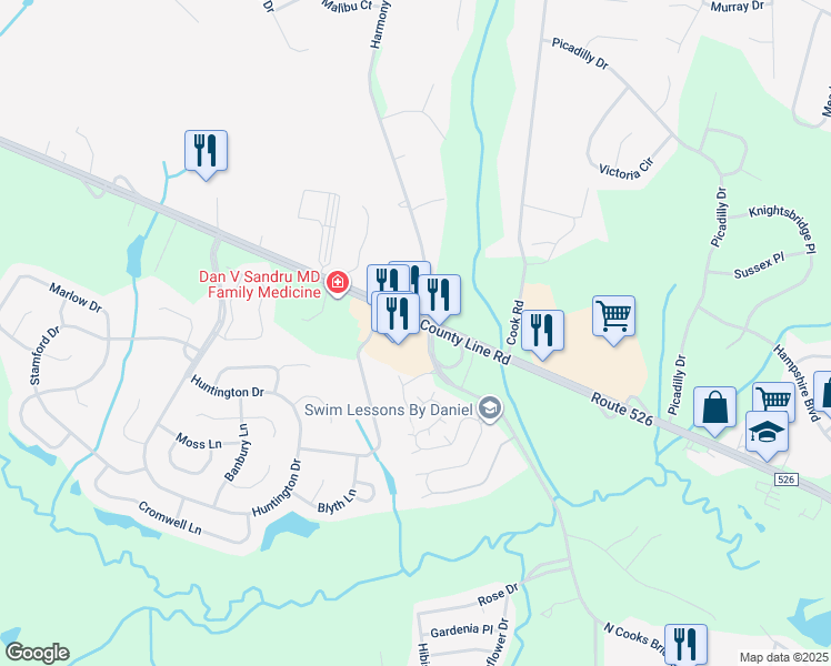 map of restaurants, bars, coffee shops, grocery stores, and more near 331 North County Line Road in Jackson