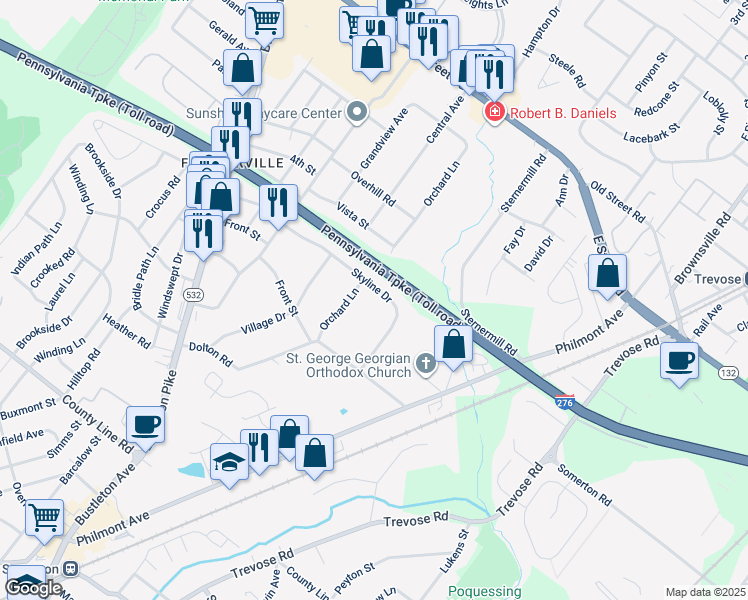 map of restaurants, bars, coffee shops, grocery stores, and more near 309 Skyline Drive in Feasterville-Trevose