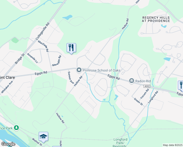 map of restaurants, bars, coffee shops, grocery stores, and more near 10 Egret Way in Phoenixville