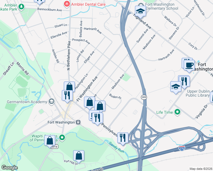 map of restaurants, bars, coffee shops, grocery stores, and more near 231 Summit Avenue in Fort Washington