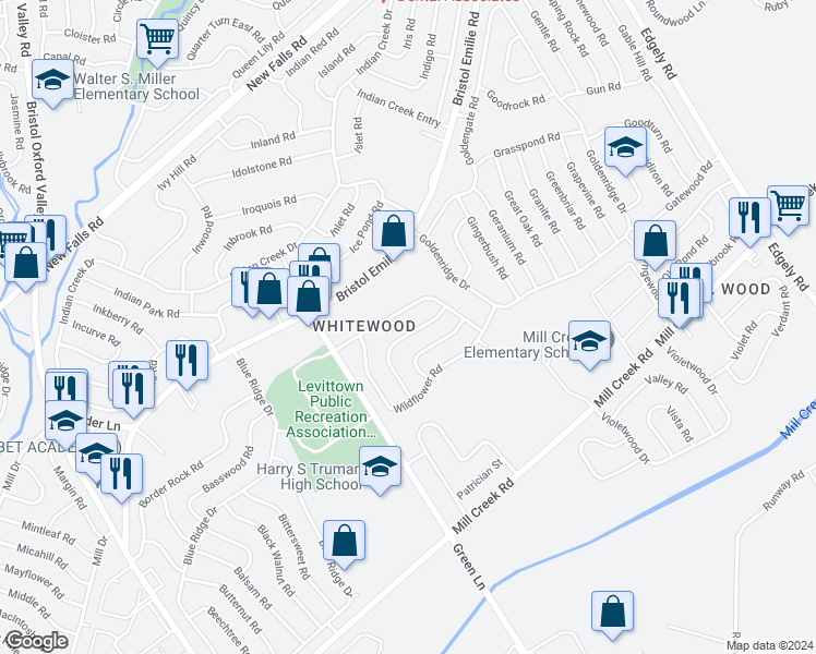 map of restaurants, bars, coffee shops, grocery stores, and more near 39 Whitewood Drive in Levittown