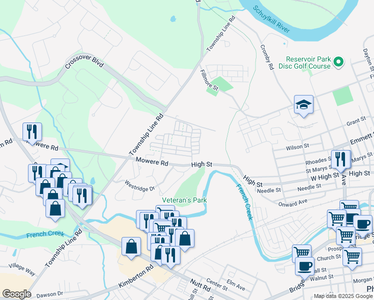 map of restaurants, bars, coffee shops, grocery stores, and more near 1704 Northridge Court in Phoenixville