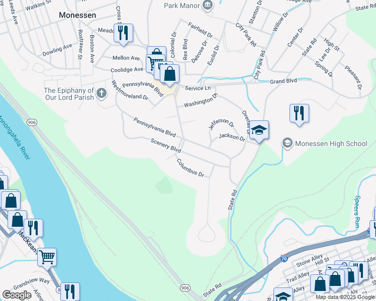 map of restaurants, bars, coffee shops, grocery stores, and more near 112 Pennsylvania Boulevard in Monessen