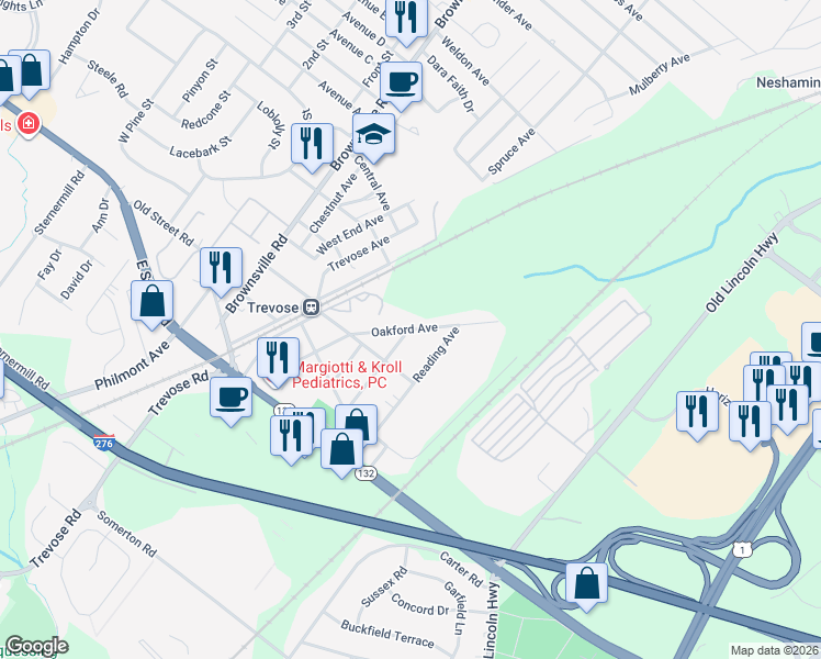 map of restaurants, bars, coffee shops, grocery stores, and more near 3304 Oakford Avenue in Feasterville-Trevose
