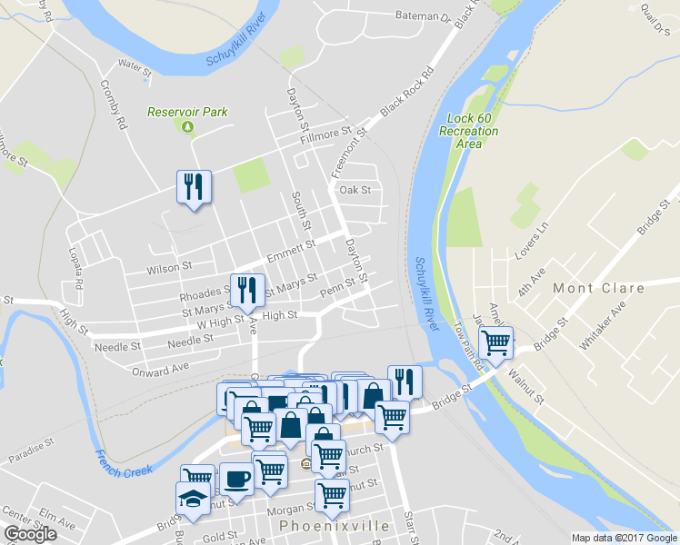 map of restaurants, bars, coffee shops, grocery stores, and more near 122 Saint Marys Street in Phoenixville