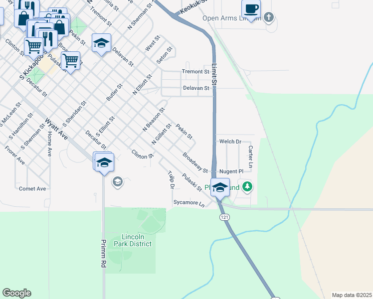 map of restaurants, bars, coffee shops, grocery stores, and more near 1701-1729 Pekin Street in Lincoln