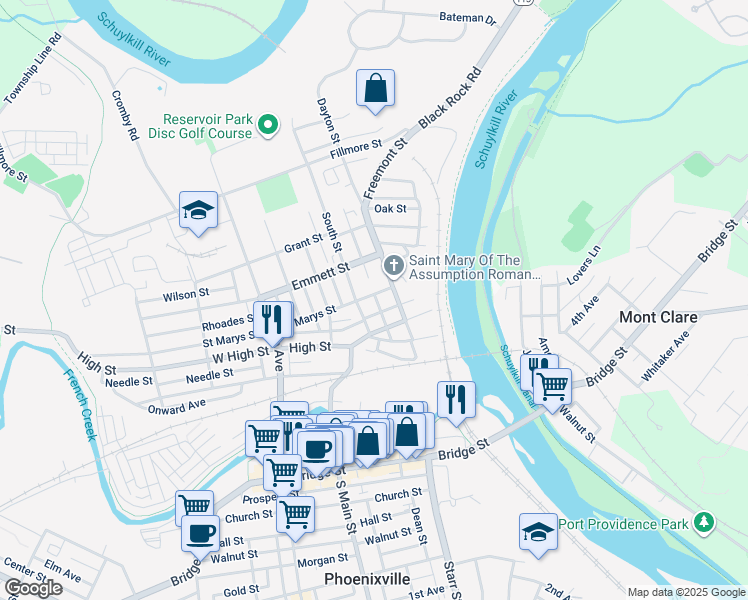 map of restaurants, bars, coffee shops, grocery stores, and more near 122 Saint Marys Street in Phoenixville