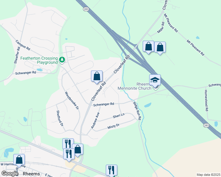 map of restaurants, bars, coffee shops, grocery stores, and more near 2412 Rob Drive in Mount Joy