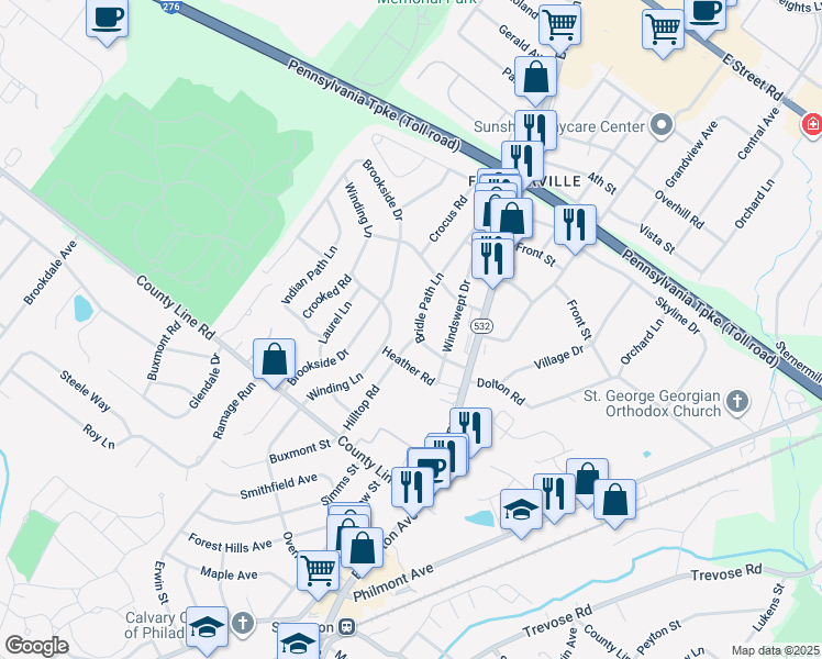 map of restaurants, bars, coffee shops, grocery stores, and more near 26 Bridle Path Lane in Feasterville-Trevose