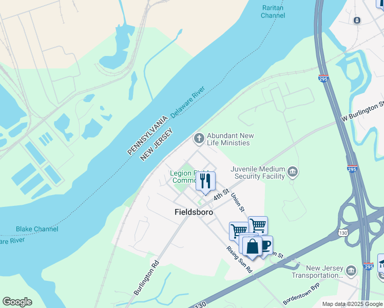 map of restaurants, bars, coffee shops, grocery stores, and more near 213 Front Street in Fieldsboro