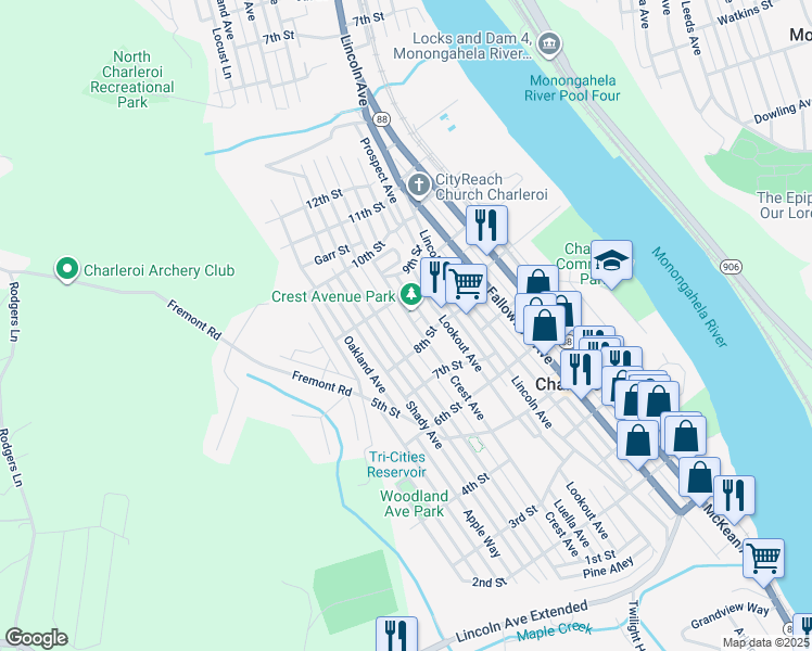 map of restaurants, bars, coffee shops, grocery stores, and more near 827 Crest Avenue in Charleroi