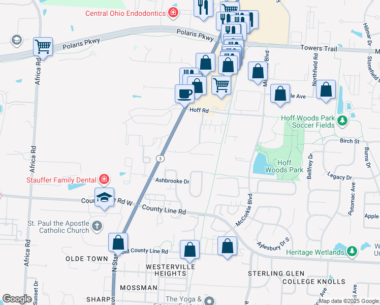 map of restaurants, bars, coffee shops, grocery stores, and more near in Westerville