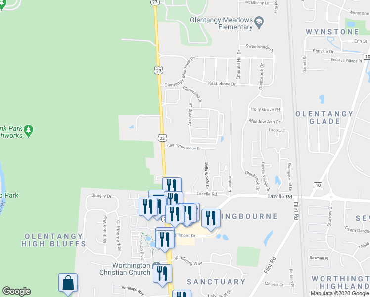 map of restaurants, bars, coffee shops, grocery stores, and more near 8600 North High Street in Columbus