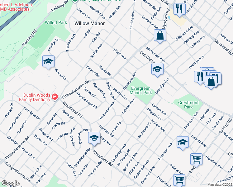 map of restaurants, bars, coffee shops, grocery stores, and more near 2808 Miriam Avenue in Abington