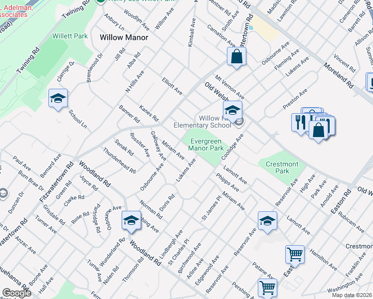 map of restaurants, bars, coffee shops, grocery stores, and more near 2762 Phipps Avenue in Willow Grove