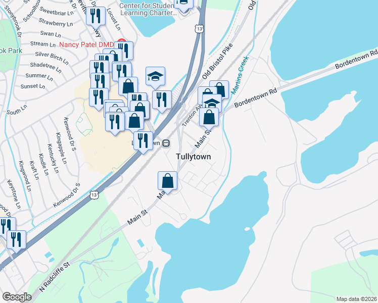 map of restaurants, bars, coffee shops, grocery stores, and more near 92 Fallsington Avenue in Tullytown
