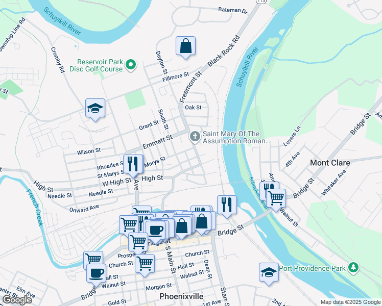 map of restaurants, bars, coffee shops, grocery stores, and more near 128 Dayton Street in Phoenixville