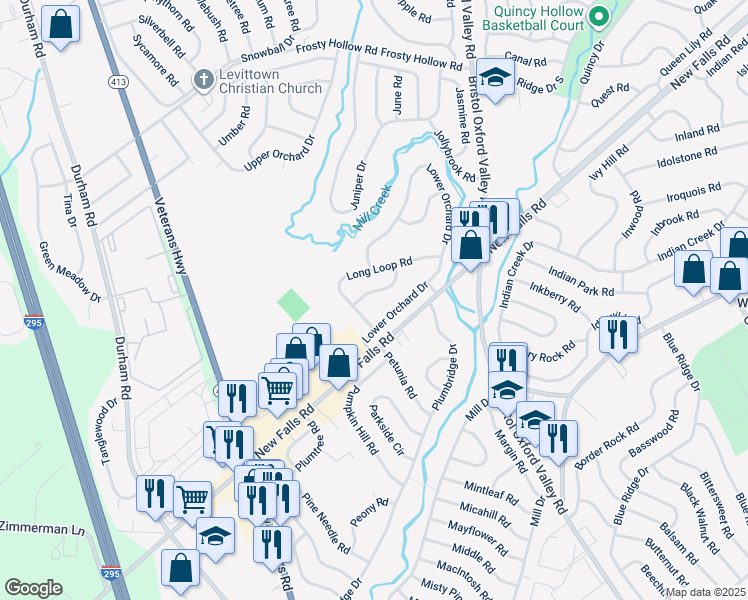 map of restaurants, bars, coffee shops, grocery stores, and more near 12 Limewood Road in Levittown