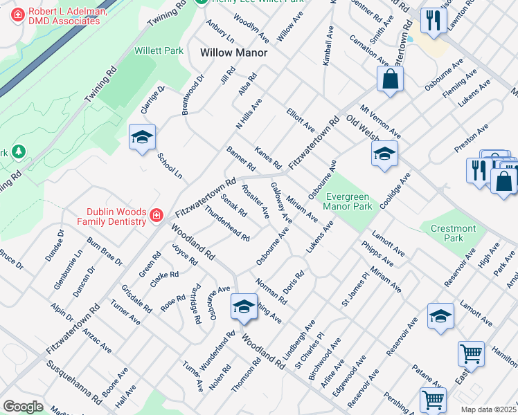 map of restaurants, bars, coffee shops, grocery stores, and more near 2880 Rossiter Avenue in Abington