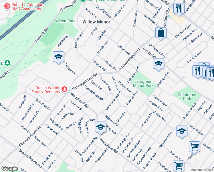 map of restaurants, bars, coffee shops, grocery stores, and more near 2880 Rossiter Avenue in Abington
