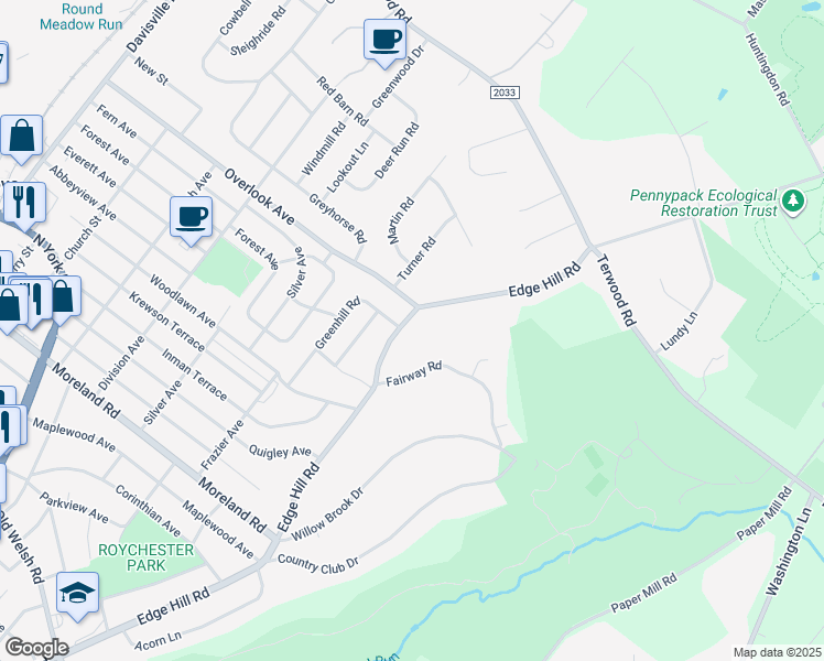 map of restaurants, bars, coffee shops, grocery stores, and more near 2405 Edge Hill Road in Montgomery County