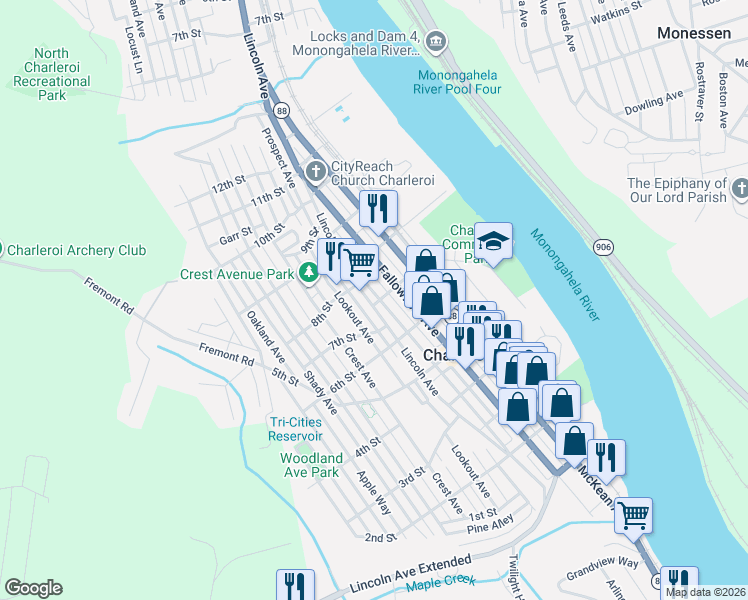 map of restaurants, bars, coffee shops, grocery stores, and more near 717 Washington Avenue in Charleroi
