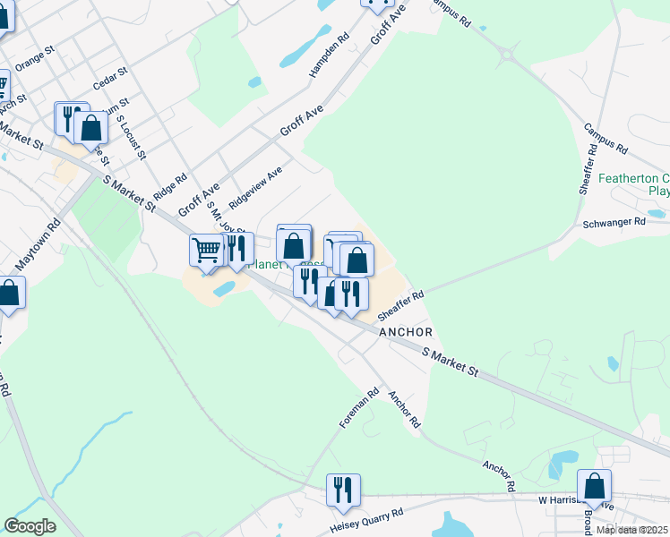 map of restaurants, bars, coffee shops, grocery stores, and more near 1605 South Market Street in Elizabethtown
