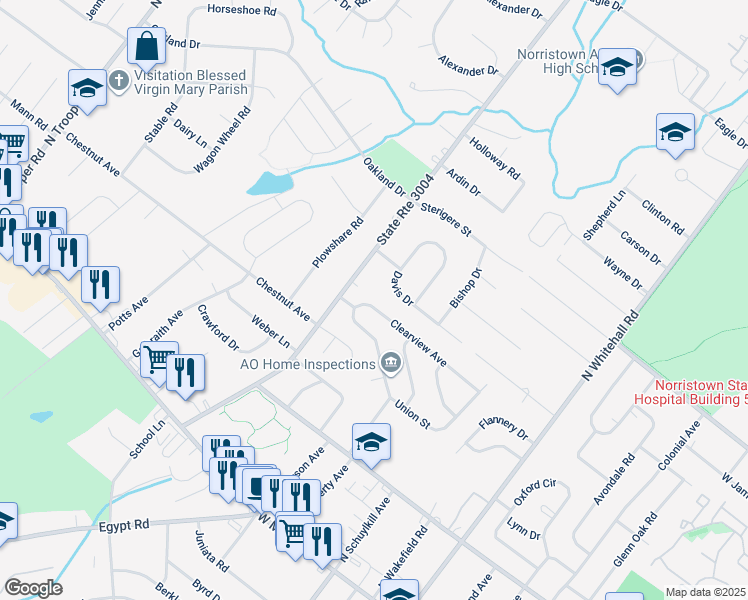 map of restaurants, bars, coffee shops, grocery stores, and more near 2041 Clearview Avenue in Norristown