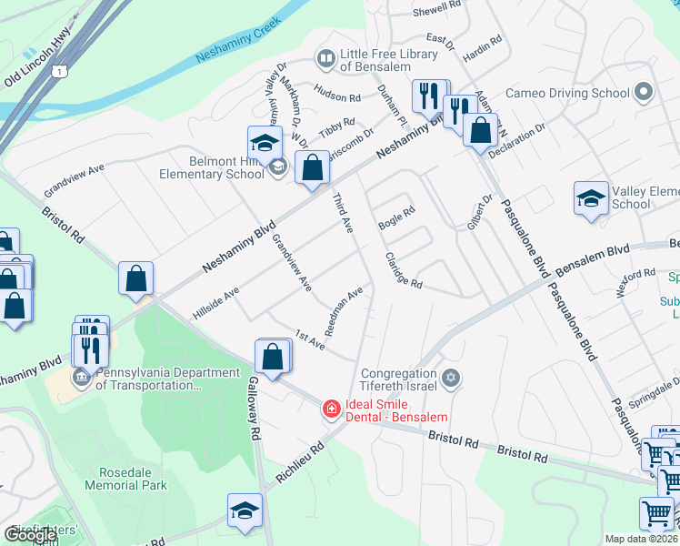 map of restaurants, bars, coffee shops, grocery stores, and more near 3448 Third Avenue in Bensalem