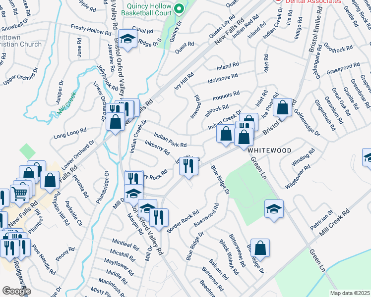 map of restaurants, bars, coffee shops, grocery stores, and more near 58 Indian Park Road in Levittown