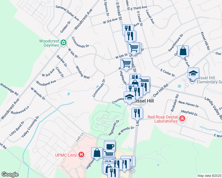 map of restaurants, bars, coffee shops, grocery stores, and more near 43 Heron Road in Lititz