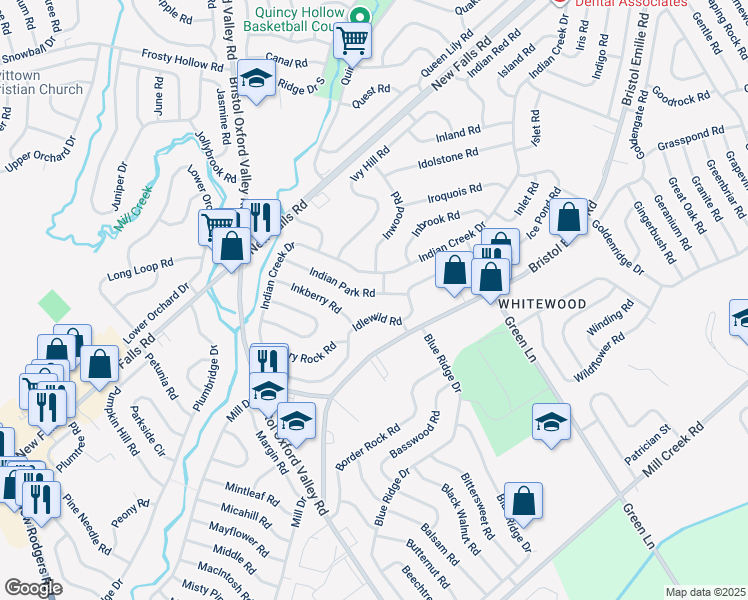 map of restaurants, bars, coffee shops, grocery stores, and more near 58 Indian Park Road in Levittown