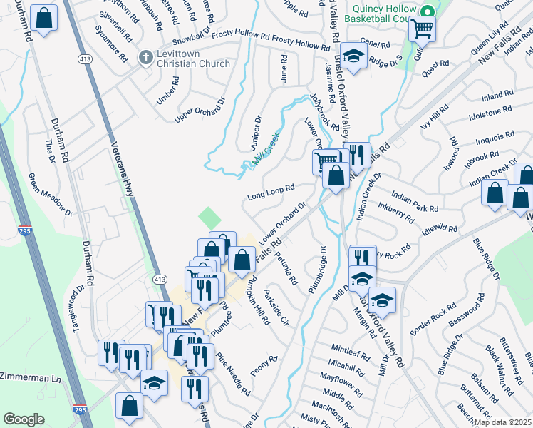 map of restaurants, bars, coffee shops, grocery stores, and more near 12 Limewood Road in Levittown