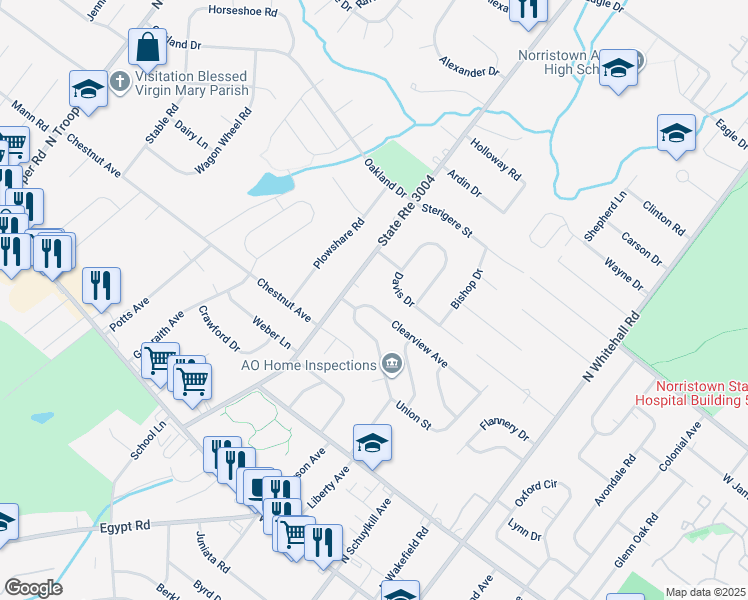 map of restaurants, bars, coffee shops, grocery stores, and more near 2041 Clearview Avenue in Norristown