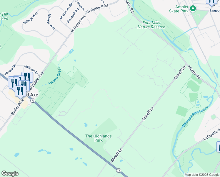 map of restaurants, bars, coffee shops, grocery stores, and more near Sheaff Lane in Fort Washington
