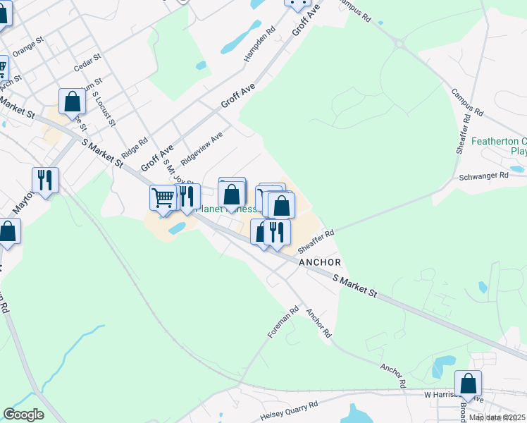 map of restaurants, bars, coffee shops, grocery stores, and more near 1605 South Market Street in Elizabethtown