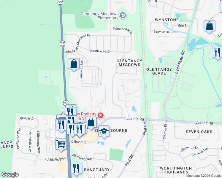 map of restaurants, bars, coffee shops, grocery stores, and more near 8621 Olenbrook Drive in Lewis Center
