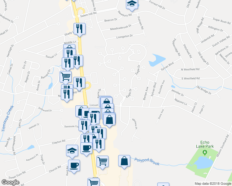 map of restaurants, bars, coffee shops, grocery stores, and more near 14 Wren Way in Howell