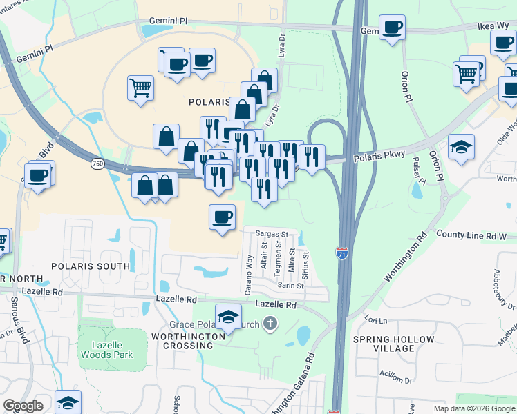 map of restaurants, bars, coffee shops, grocery stores, and more near 8585 Lyra Drive in Columbus