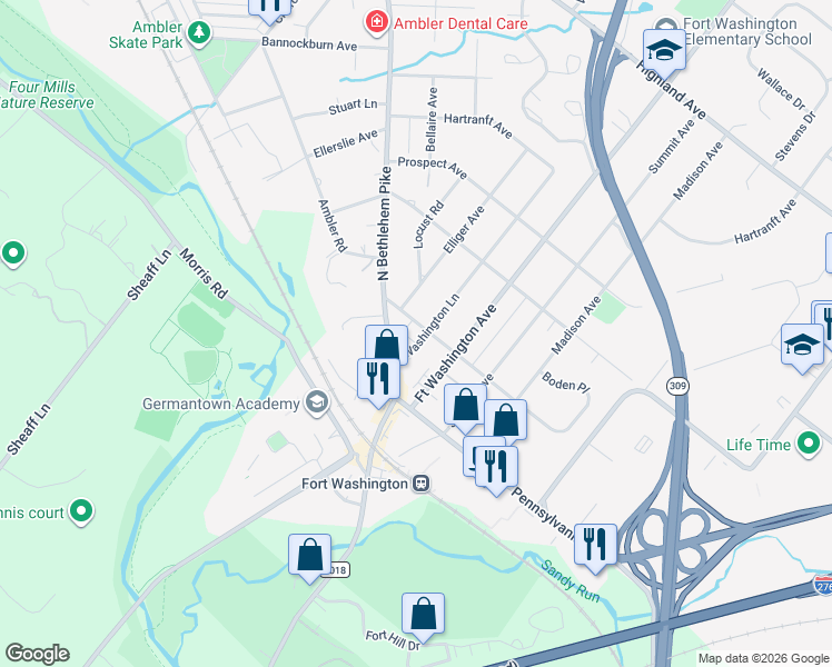 map of restaurants, bars, coffee shops, grocery stores, and more near 815 Montgomery Avenue in Fort Washington