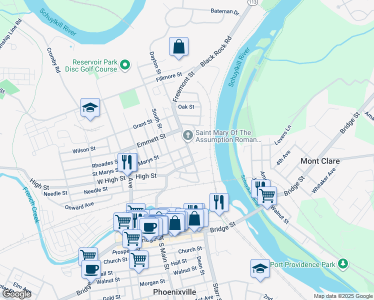 map of restaurants, bars, coffee shops, grocery stores, and more near 128 Dayton Street in Phoenixville