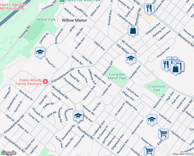 map of restaurants, bars, coffee shops, grocery stores, and more near 2808 Miriam Avenue in Abington
