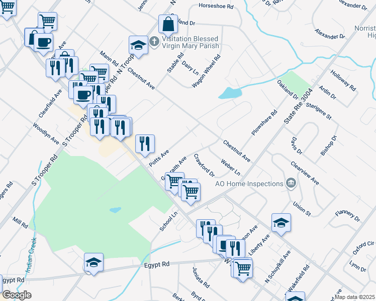 map of restaurants, bars, coffee shops, grocery stores, and more near 45 Galbraith Avenue in Norristown