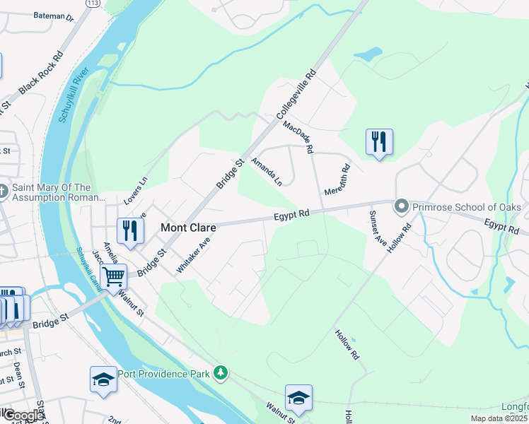 map of restaurants, bars, coffee shops, grocery stores, and more near 302 Egypt Road in Mont Clare