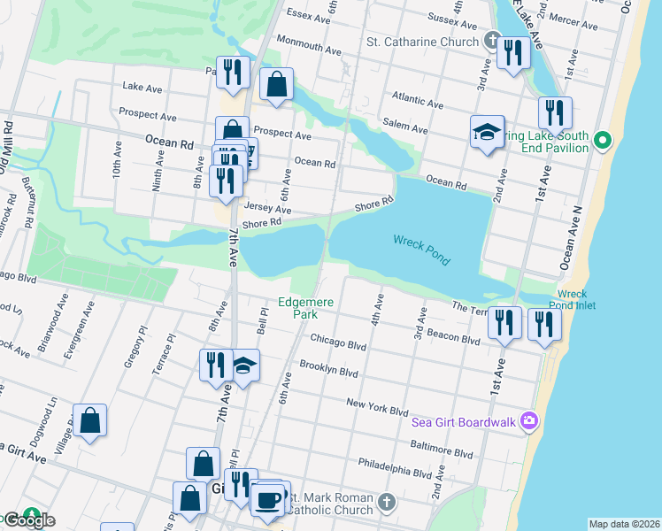 map of restaurants, bars, coffee shops, grocery stores, and more near 501 The Terrace in Sea Girt