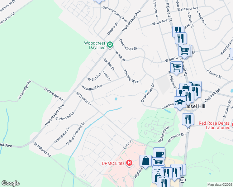 map of restaurants, bars, coffee shops, grocery stores, and more near 25 Woodland Avenue in Lititz