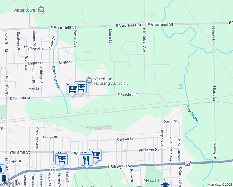 map of restaurants, bars, coffee shops, grocery stores, and more near 1809 East Fairchild Street in Danville