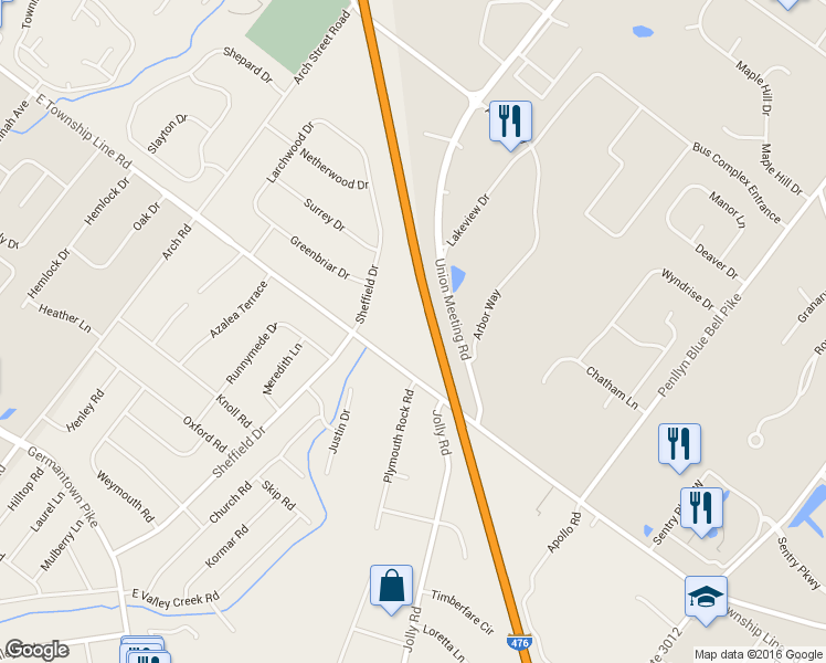 map of restaurants, bars, coffee shops, grocery stores, and more near 735 E Township Line Rd in Blue Bell