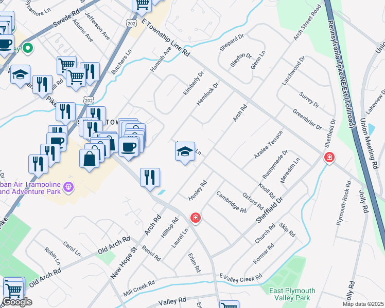 map of restaurants, bars, coffee shops, grocery stores, and more near 78 Heather Lane in Norristown